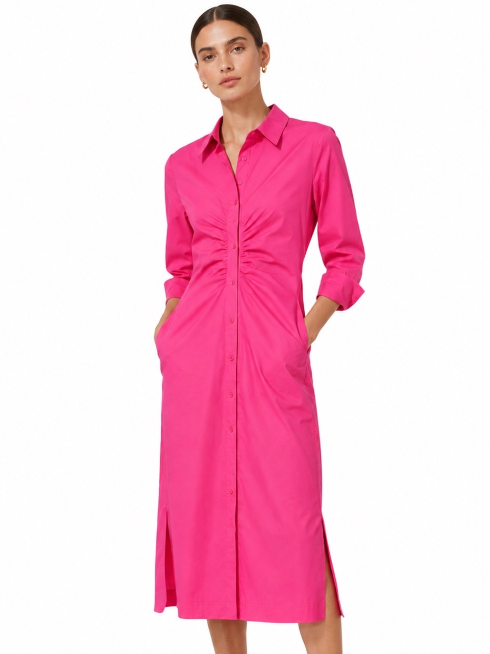 Luisa Cerano NEW Pink Ruched Waist Cotton Blend Midi Shirt Dress Sz 14 Pockets